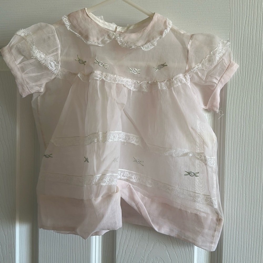 🎀0-6 m Vintage Sheer baby girl very light pastel pink dress